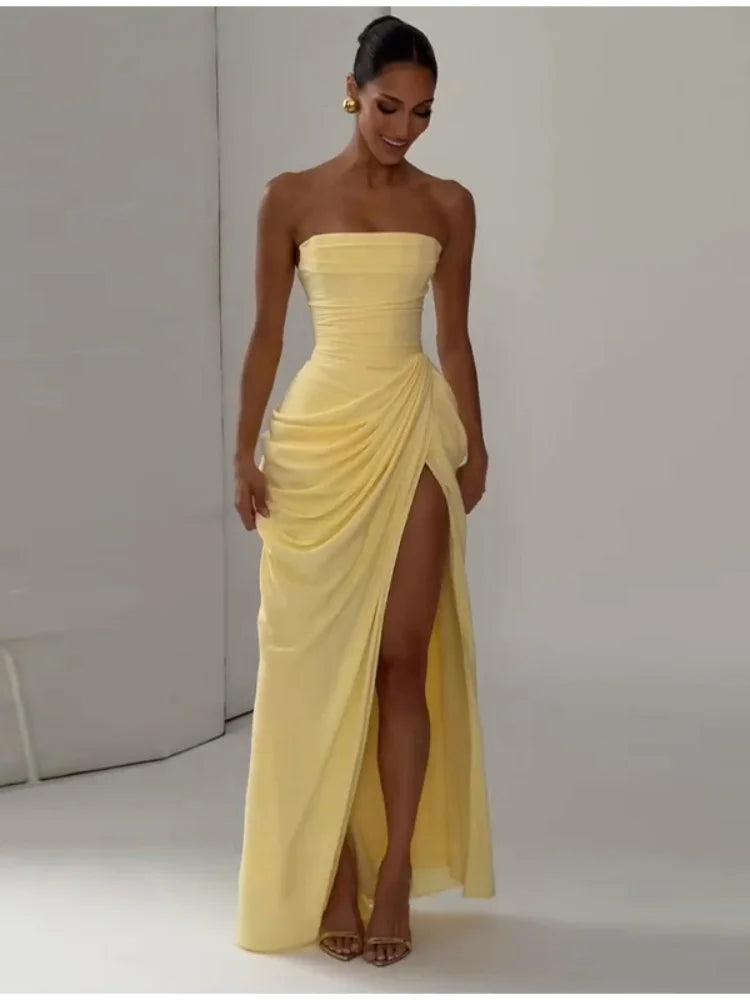 Elegant Strapless Waist Cinching Pleated Split Fashion Robes