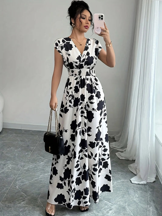 Elegant Black and White Floral Print V-Neck Elastic Drawstring Dress
