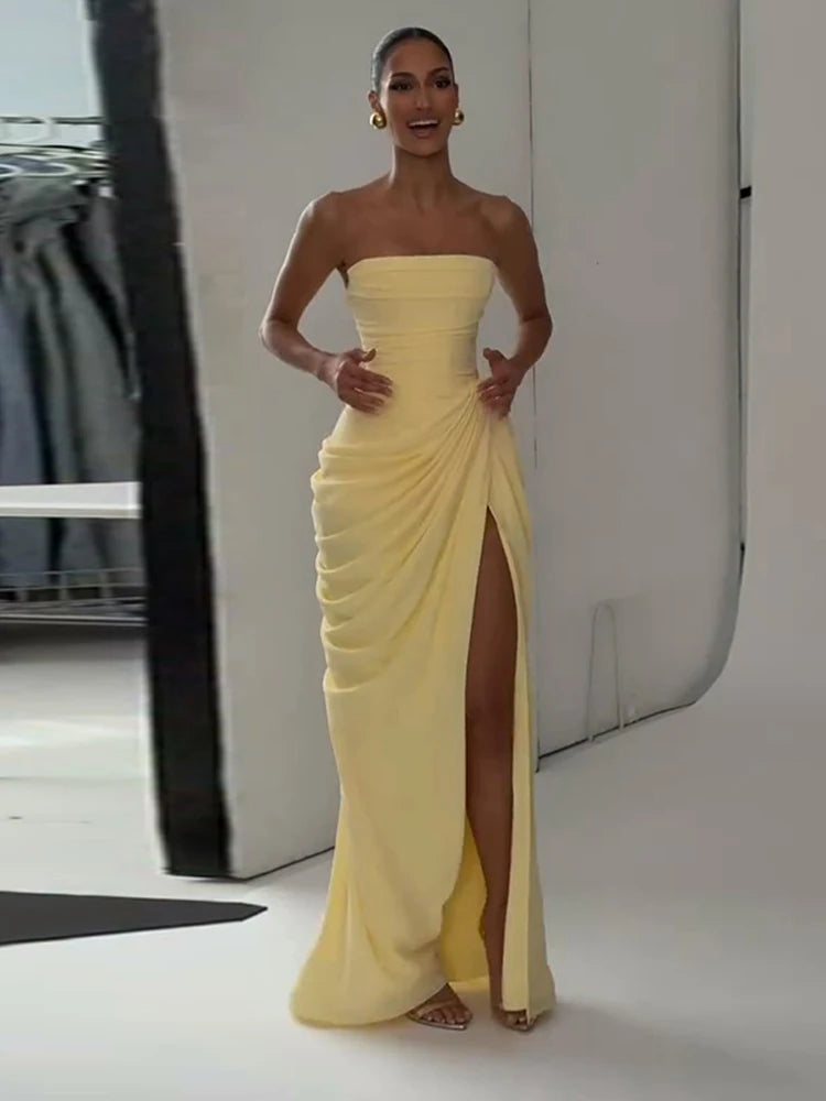 Elegant Strapless Waist Cinching Pleated Split Fashion Robes