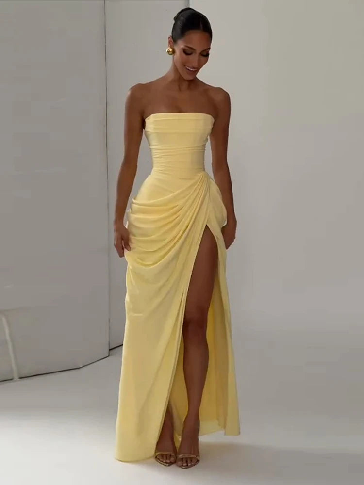 Elegant Strapless Waist Cinching Pleated Split Fashion Robes