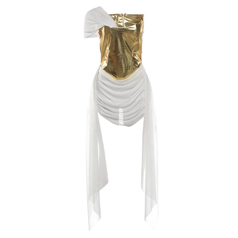 Sexy Gold Woman Shoulder Backless Mesh Patchwork Tassel Midnight Banquet Party