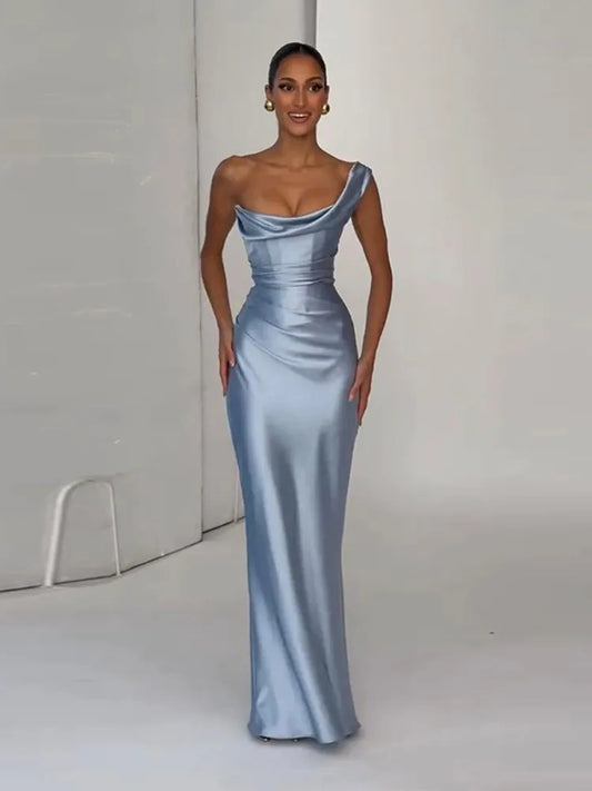 Satin Women 'S Maxi Cowl Neck Ruched Waist Bodycon Evening Party Dress