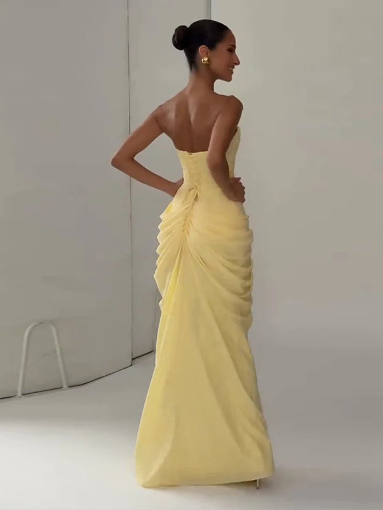 Elegant Strapless Waist Cinching Pleated Split Fashion Robes