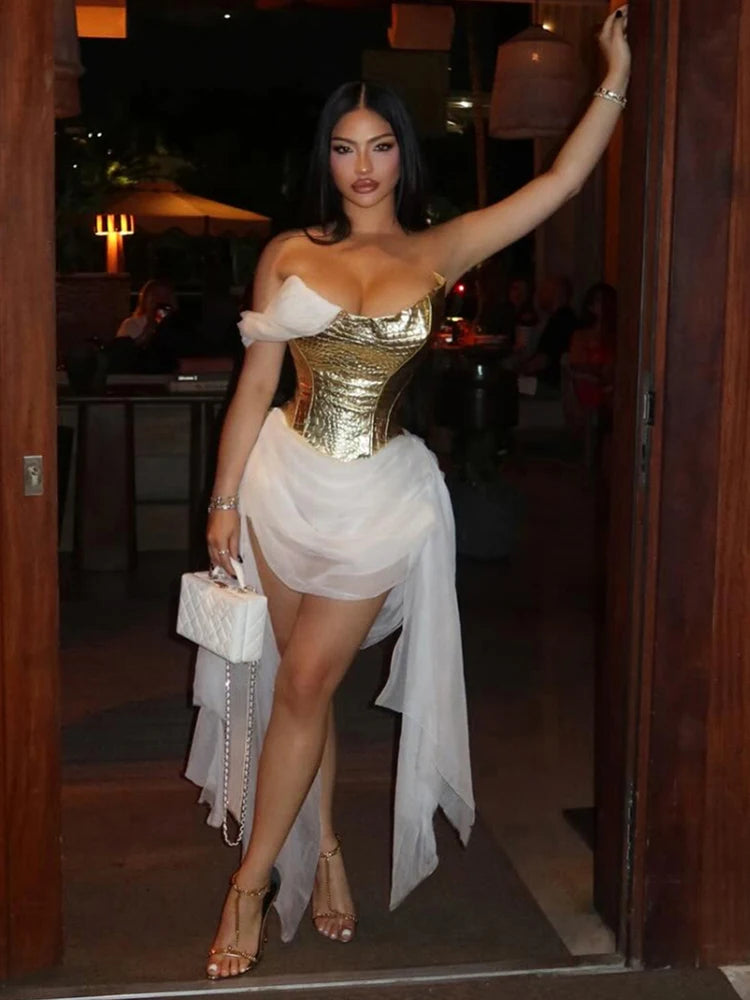 Sexy Gold Woman Shoulder Backless Mesh Patchwork Tassel Midnight Banquet Party