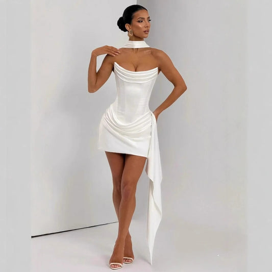Elegant Strapless Corset Sexy White Satin Mini Scarf Cocktail Party Dress