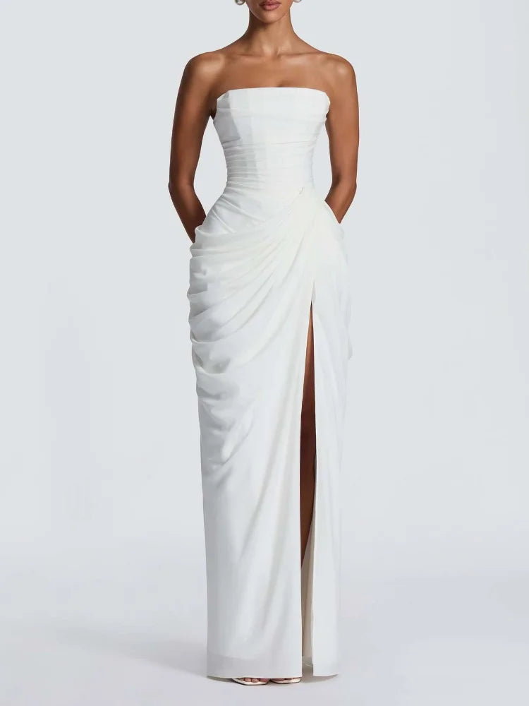 Elegant Strapless Waist Cinching Pleated Split Fashion Robes