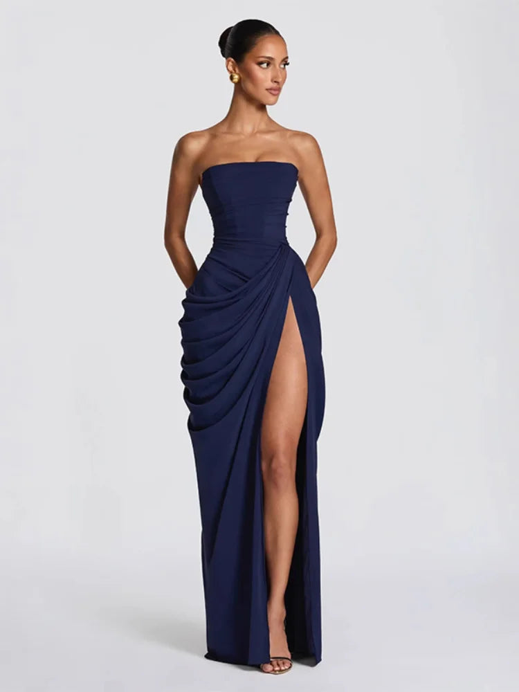 Elegant Strapless Waist Cinching Pleated Split Fashion Robes