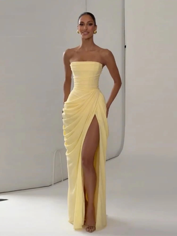 Elegant Strapless Waist Cinching Pleated Split Fashion Robes