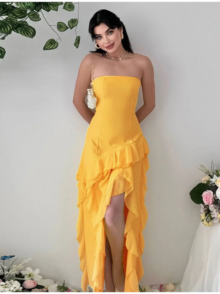 Elegant Strapless Waist Cinching Pleated Split Fashion Robes